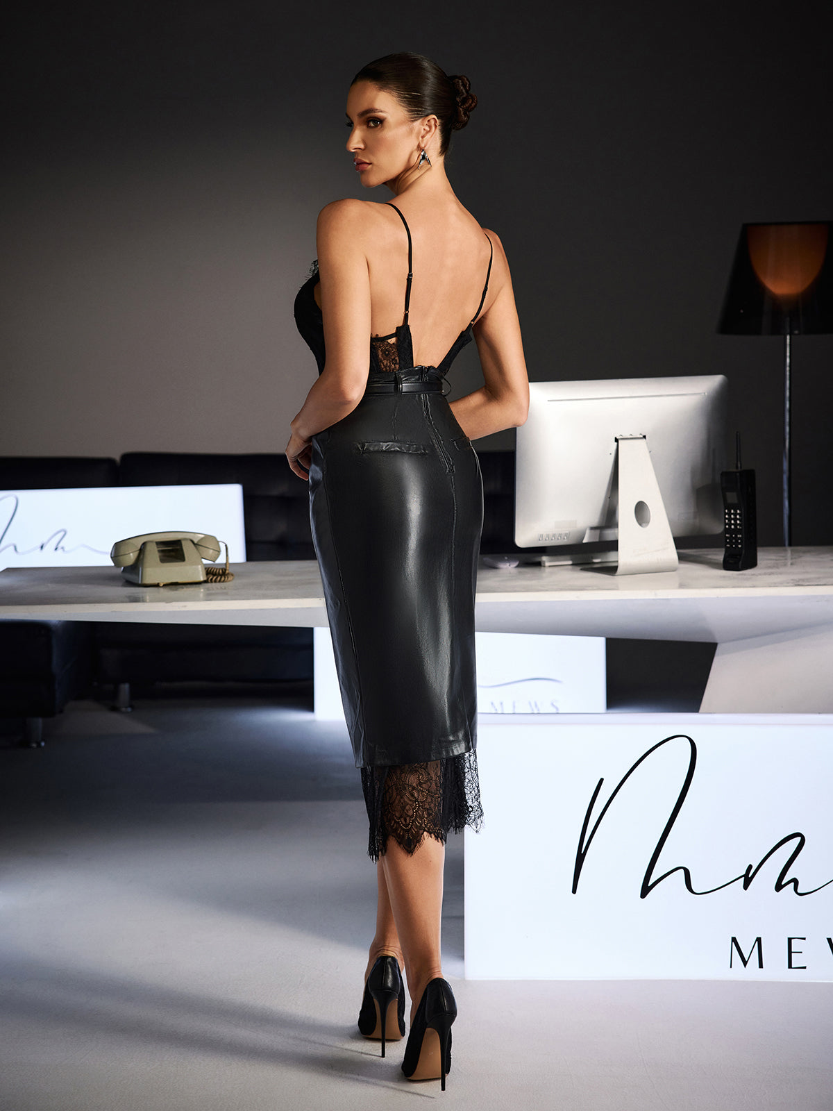 Rosstef Spaghetti Lace Leather Midi Dress