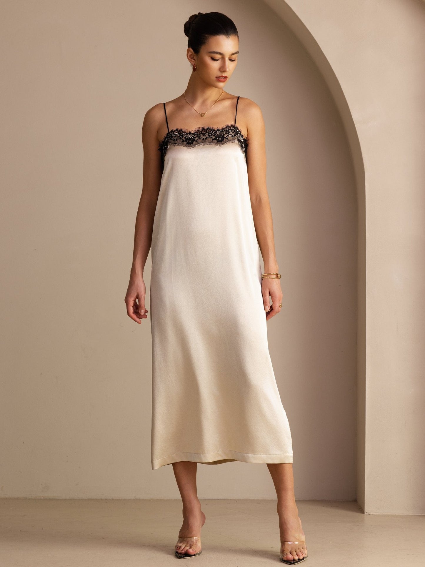 Rosstef 19Momme Silk Square Neck Spaghetti Strap Lace Midi Dress