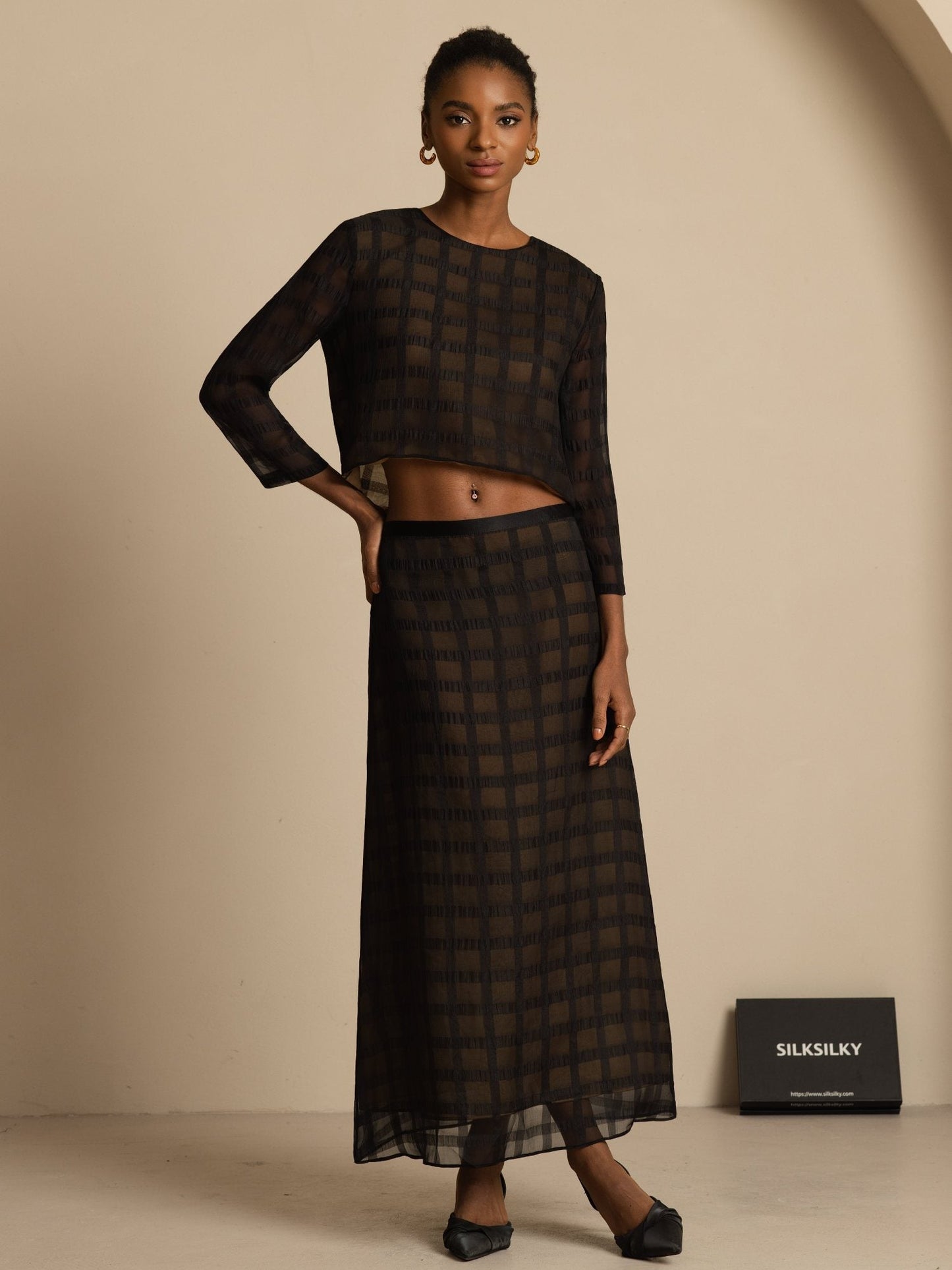 Rosstef Pure Silk Grid Crop Blouse
