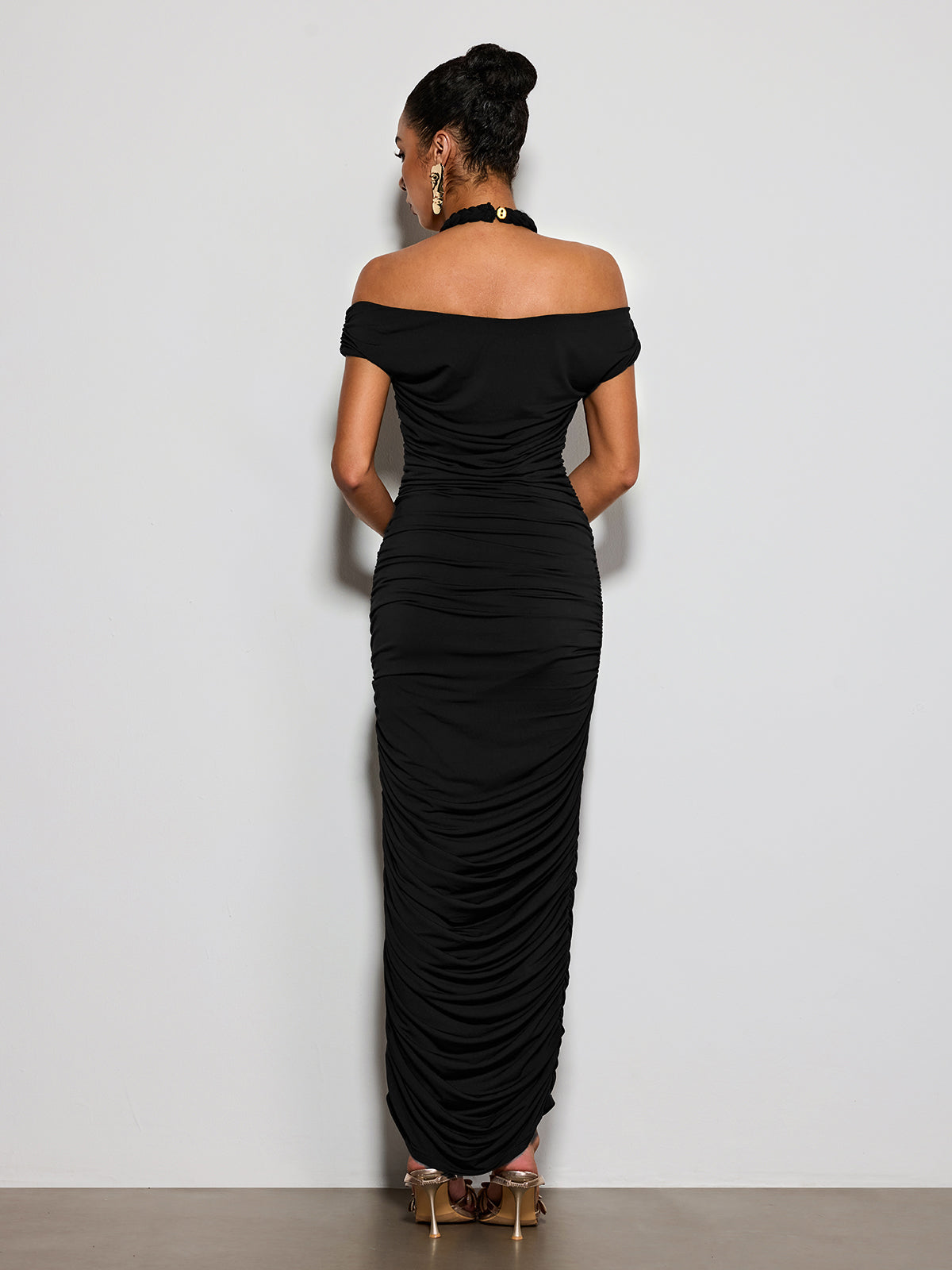 Erizelda Halterneck Ruched Maxi Dress In Black