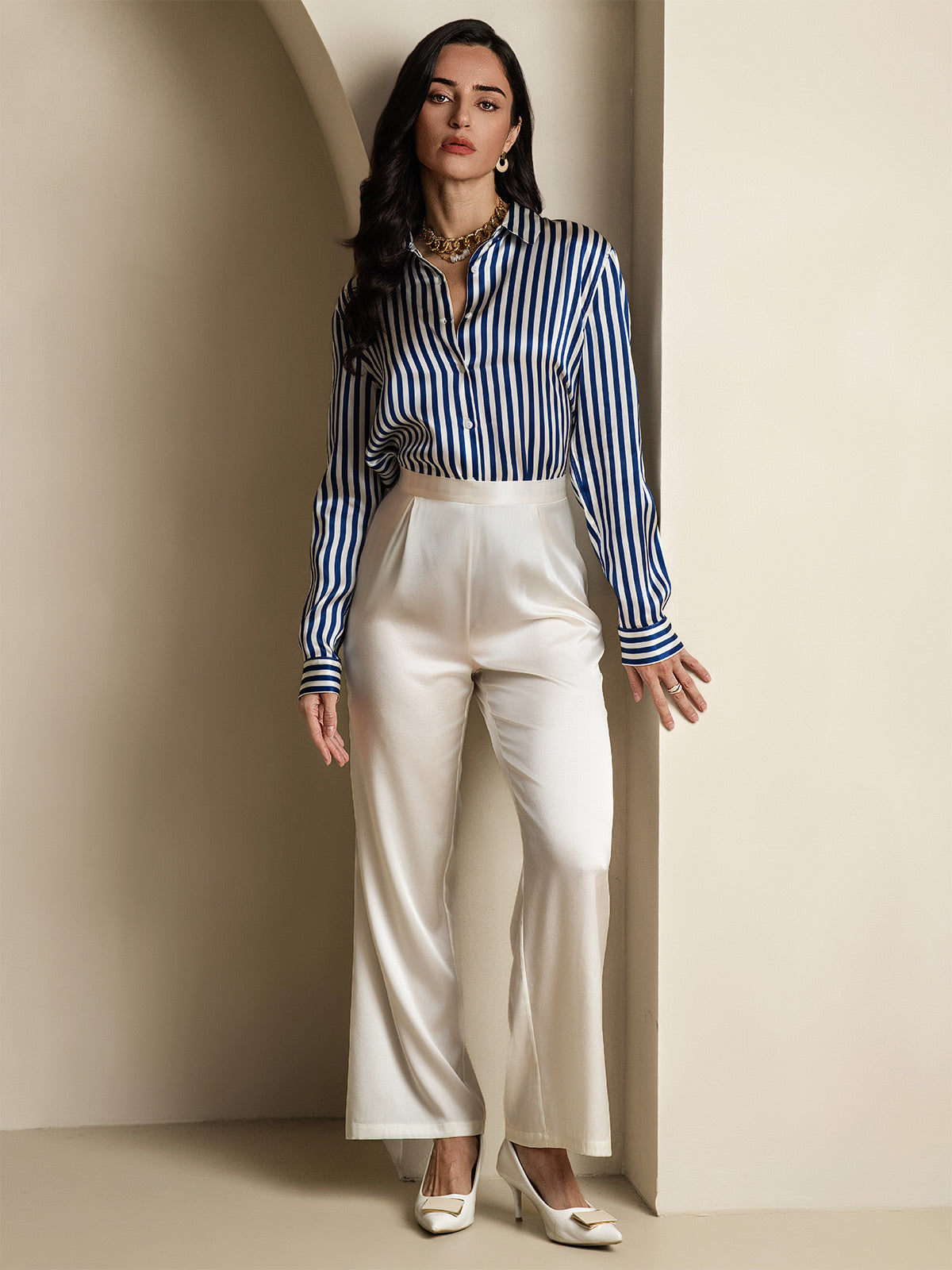 Rosstef 19Momme Silk Stripe Print Long Sleeve Lapel Collar Kadın Evi Giyimi