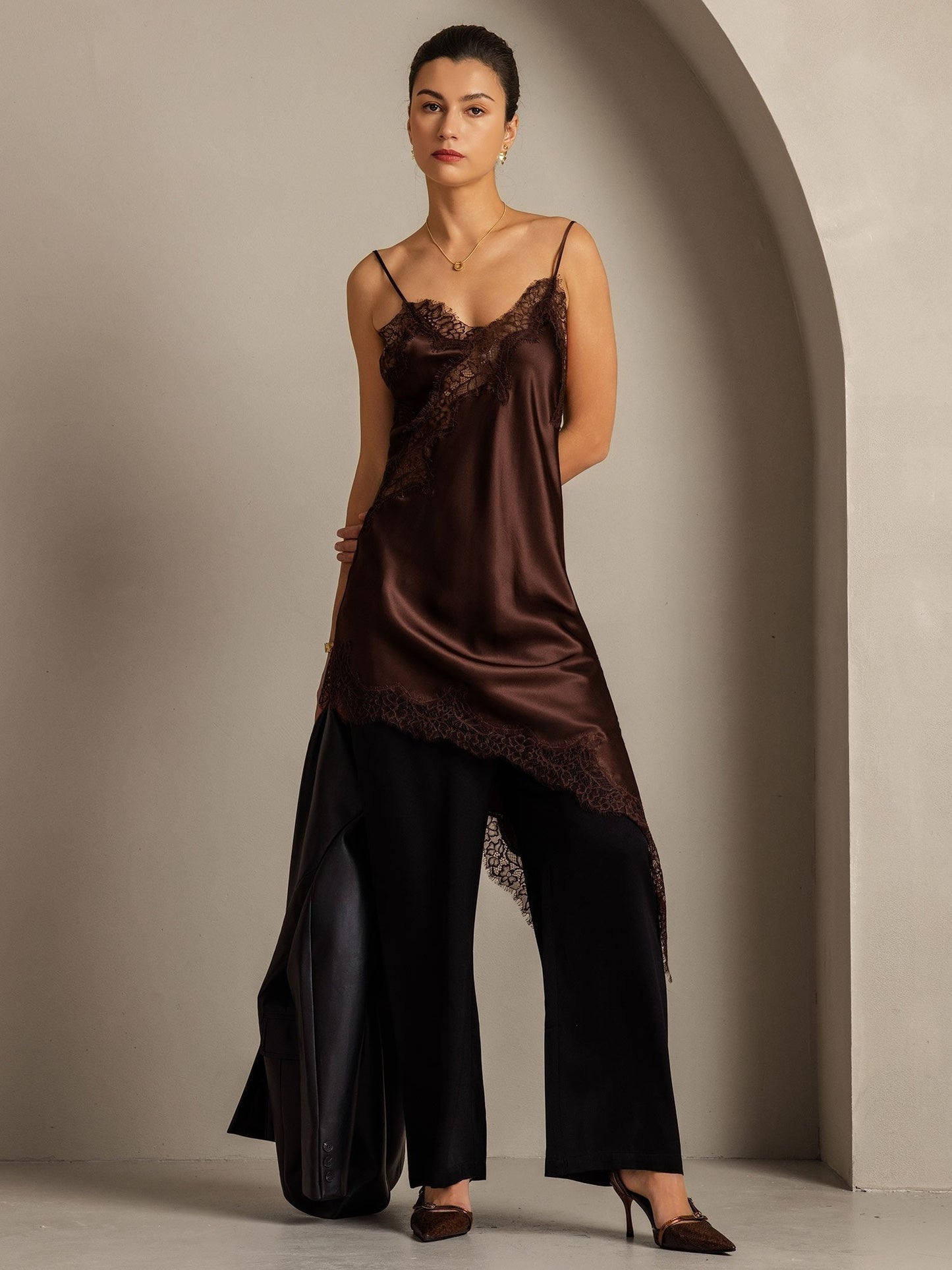 Rosstef 100% Mulberry Silk V Neck Asymmetrical Hem Slip Short Dress with Lace Design
