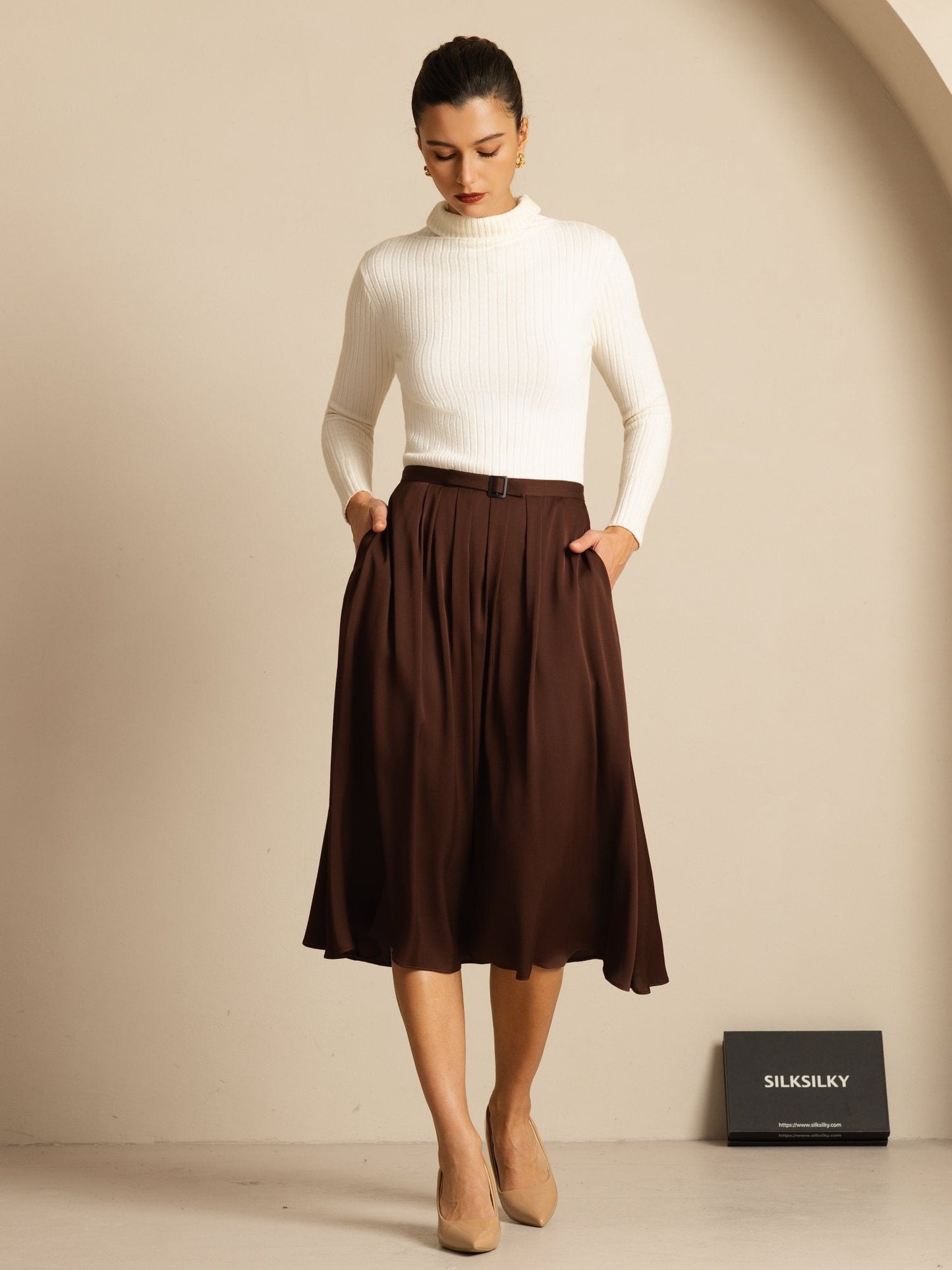 Rosstef 19Momme Silk Yüksek Kemerli Midi Şalvar ile Cep Pusurları