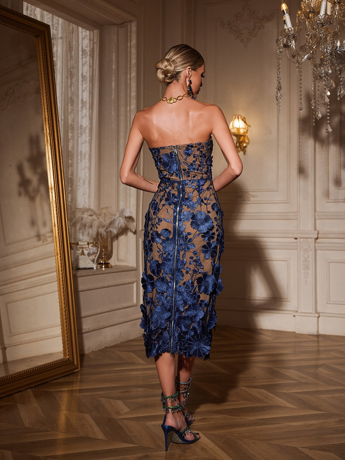 Rosstef Strapless Flower Midi Dress