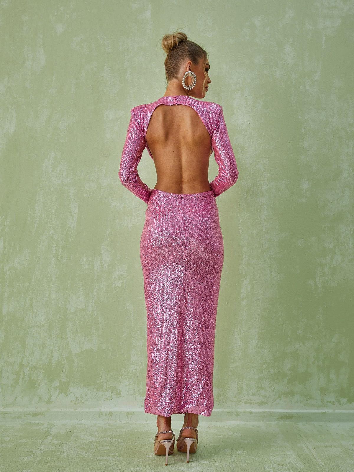 Aviva Long Sleeve Cutout Sequin Maxi Dress In Pink