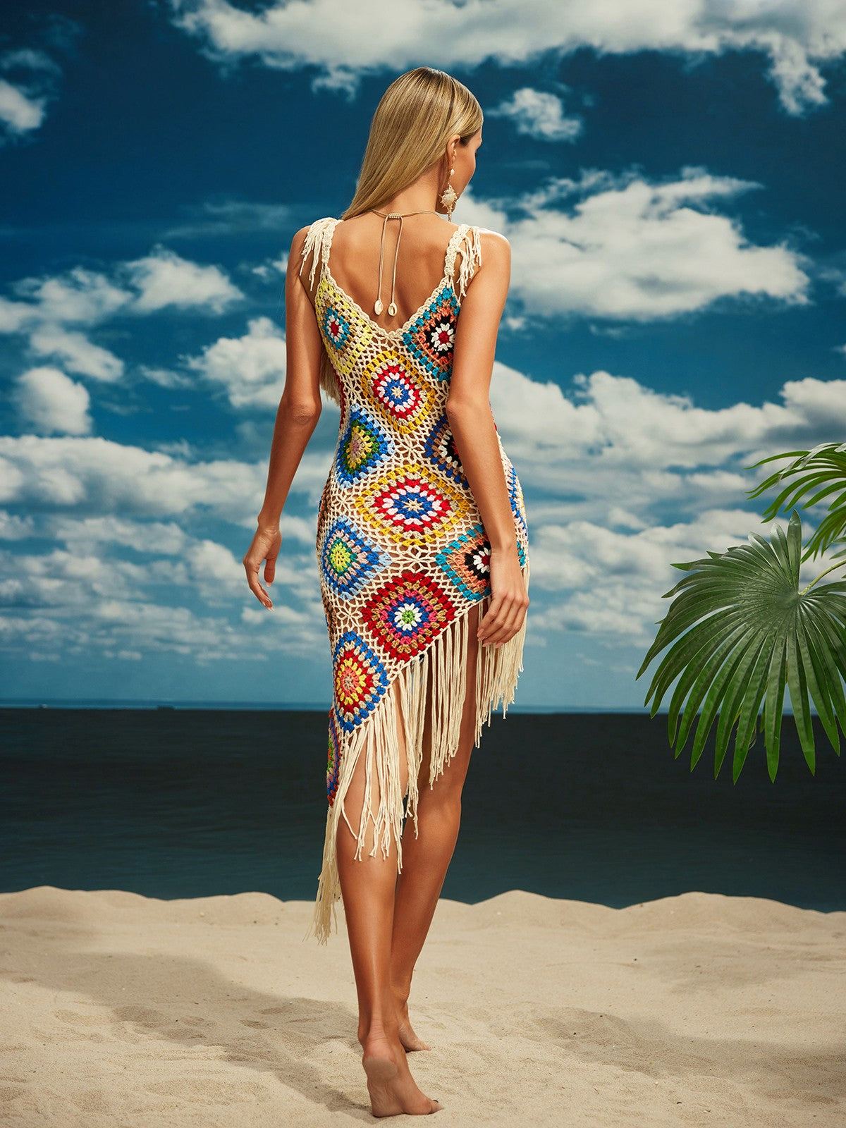 Rosstef Spaghetti Knitted Fringe Midi Dress