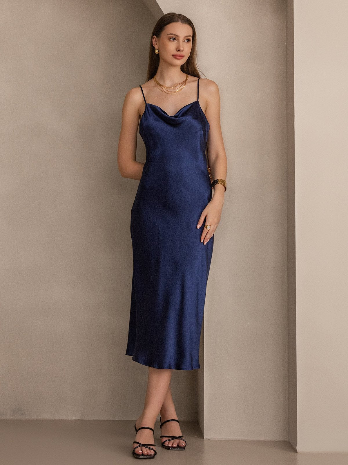Rosstef Pure Silk Cowl Neck Midi Dress