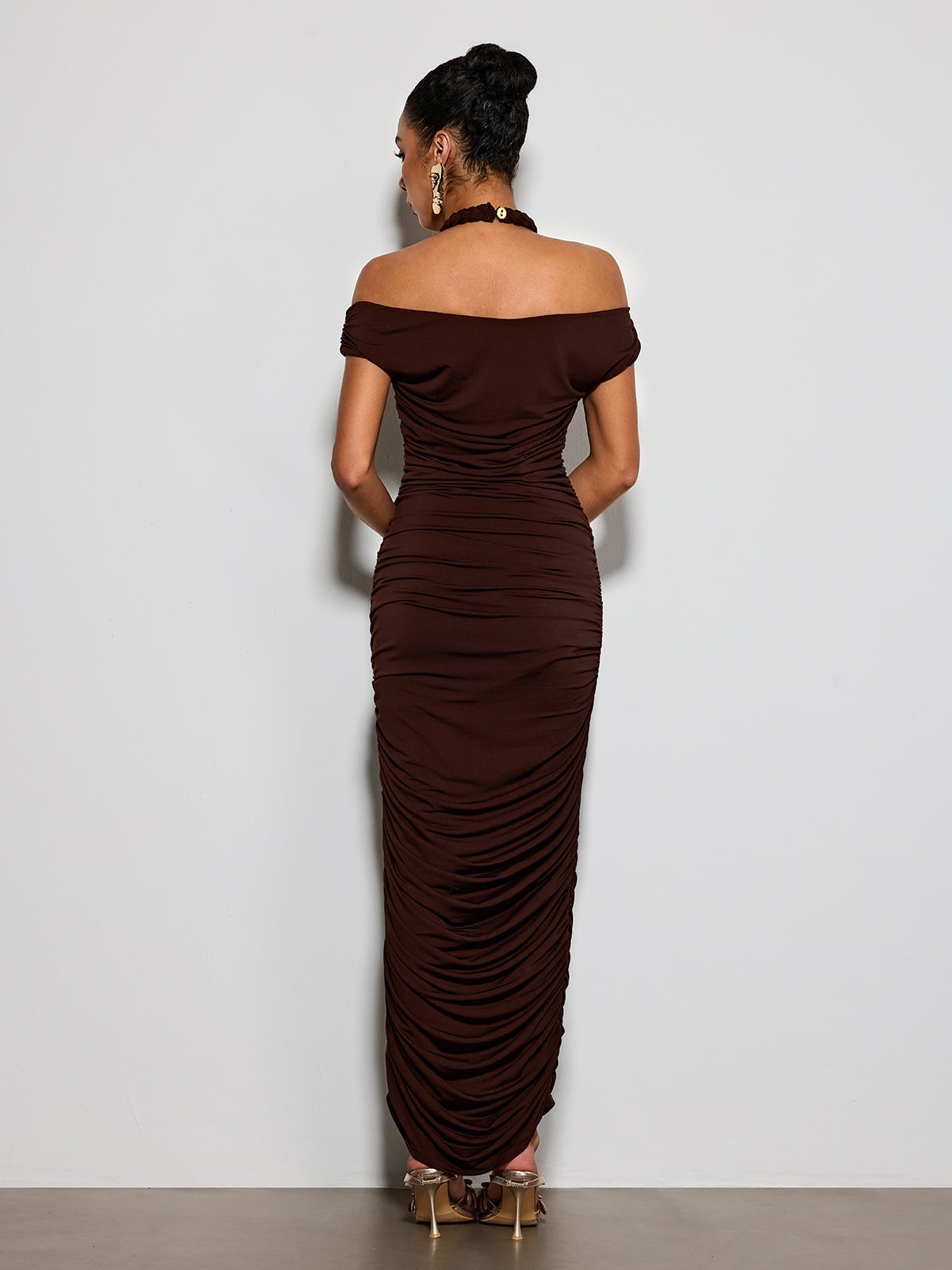Erizelda Halterneck Ruched Maxi Dress In Brown