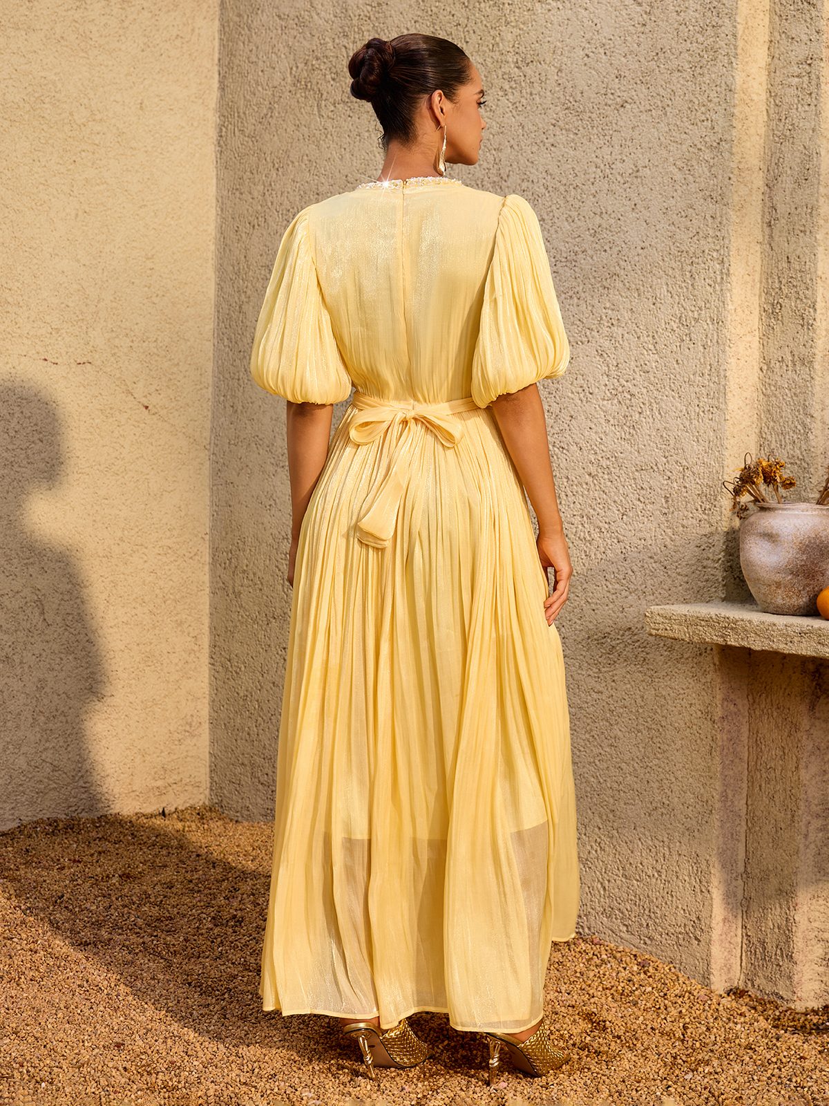 Istralion Puff Sleeve Flower Sequin Maxi Dress