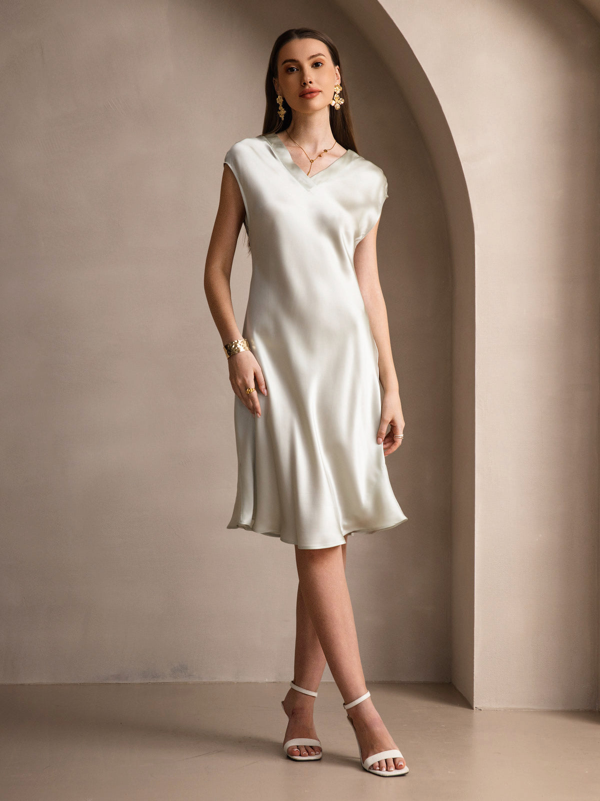 Rosstef 100% Mulberry Silk Cap Sleeve V Neck Dresses