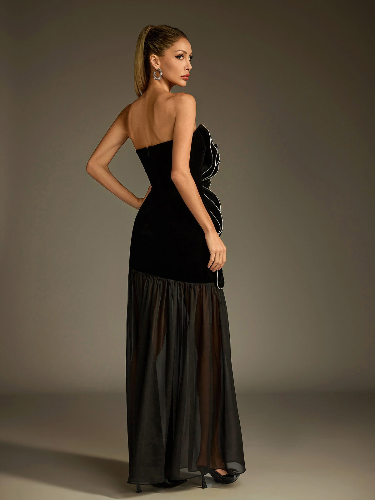 Luffy Strapless Flower Mesh Maxi Dress