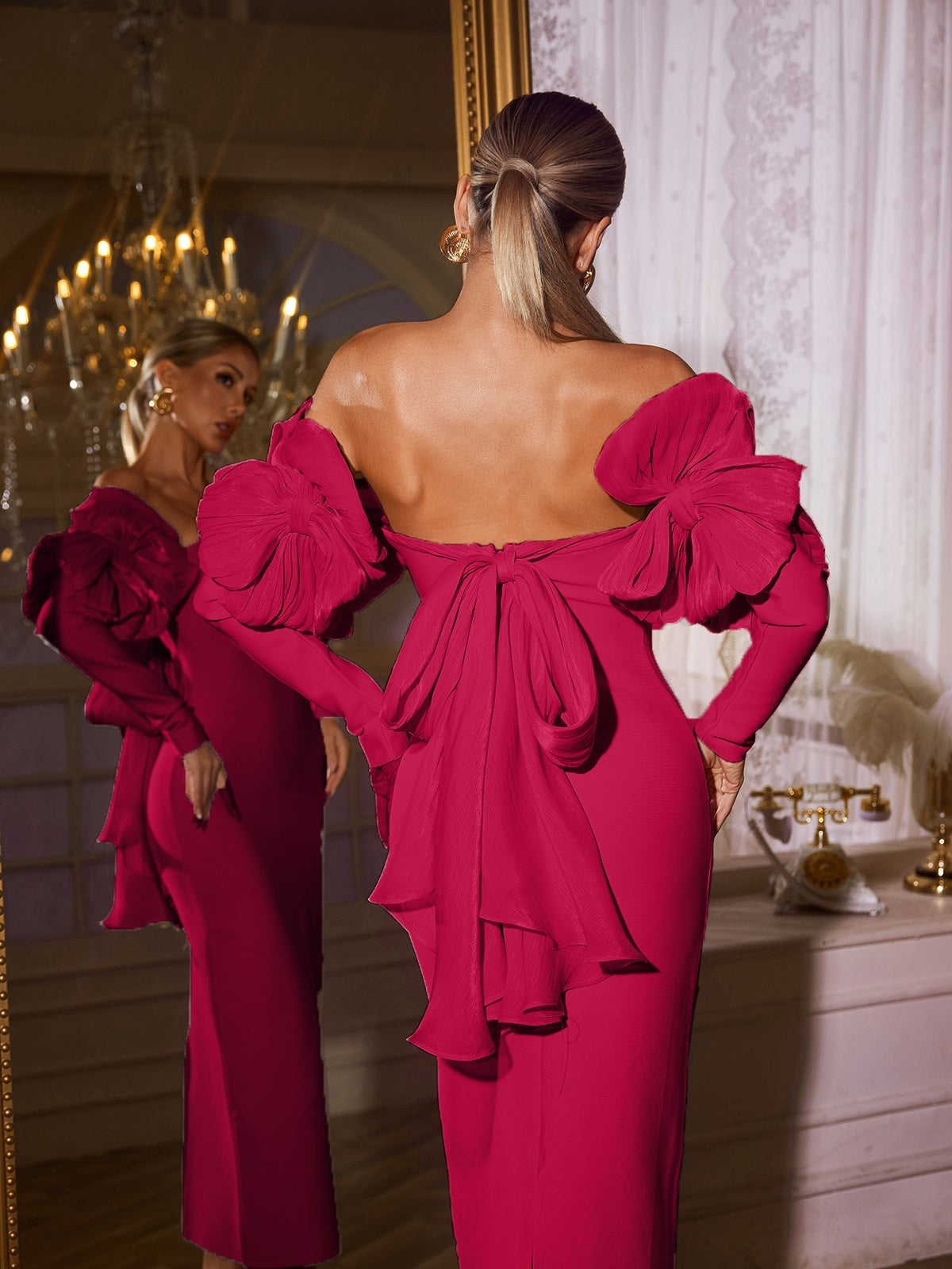 Rosstef Hot Pink Off Shoulder Bandage Dress