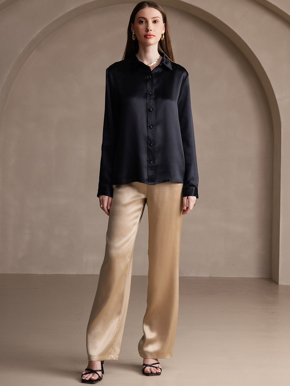 Rosstef 19Momme Silk Lapel Collar Long Sleeve Women's Shirt