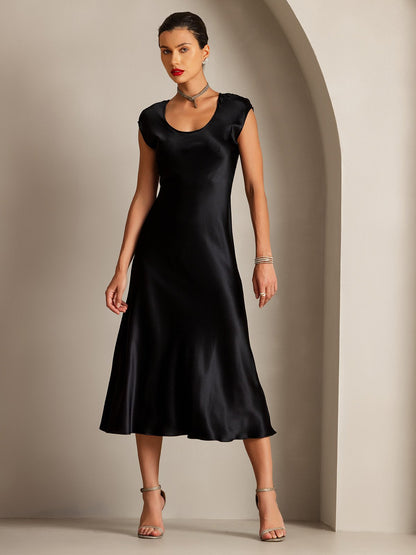 Rosstef 19Momme Silk Cap Sleeve Round Neck Midi Dress