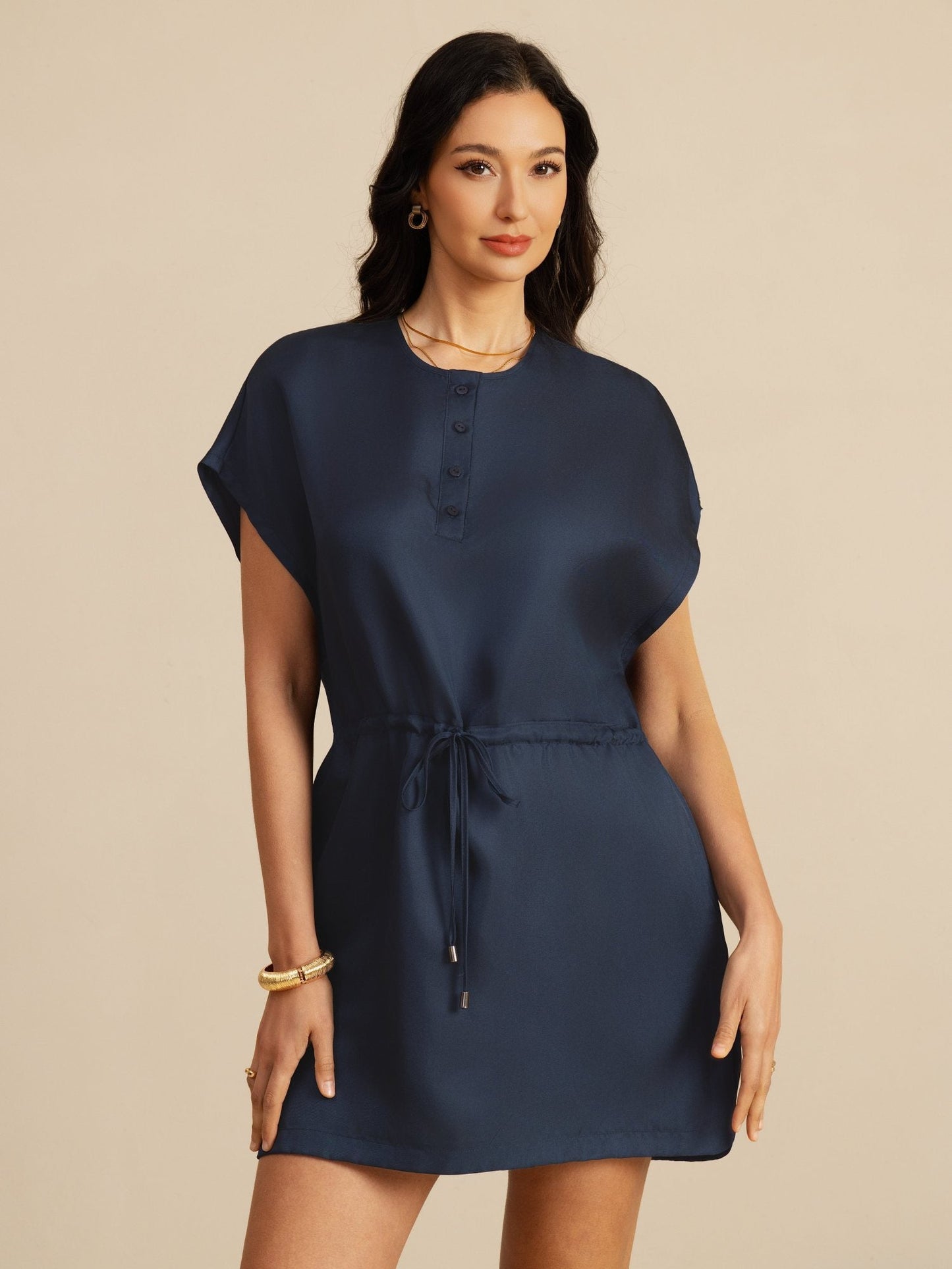 Rosstef Pure Silk Henley Neck Cap Sleeve Short Dress