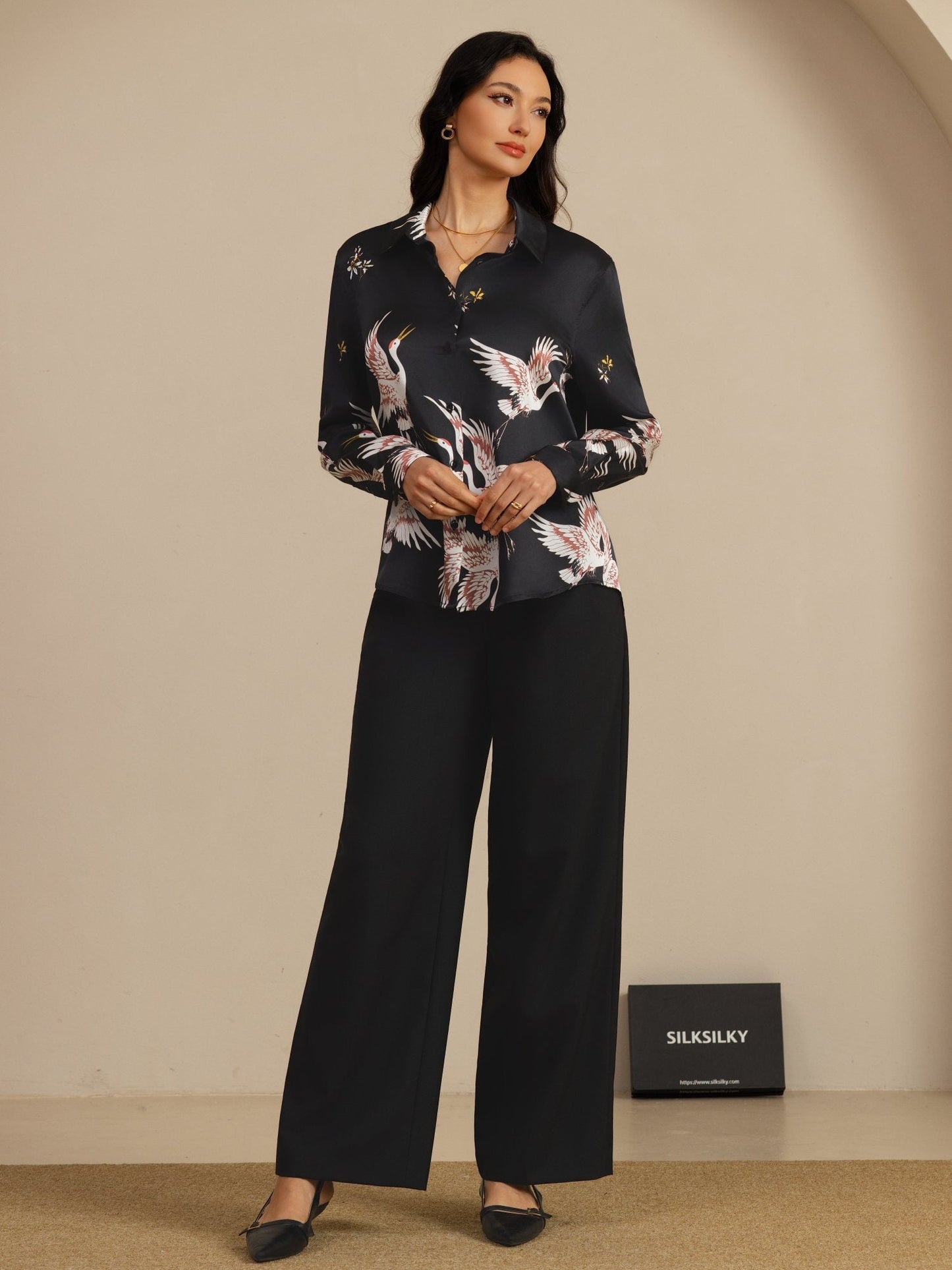 Rosstef 100% Mulberry Silk Long Sleeve Lapel Collar Women's Crane Print Button Blouse