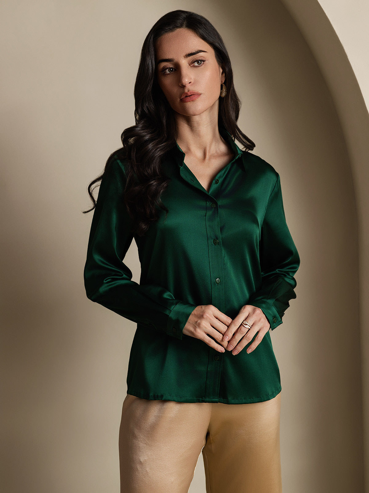 Rosstef 19Momme Silk Long Sleeve Lapel Collar Women's Shirt