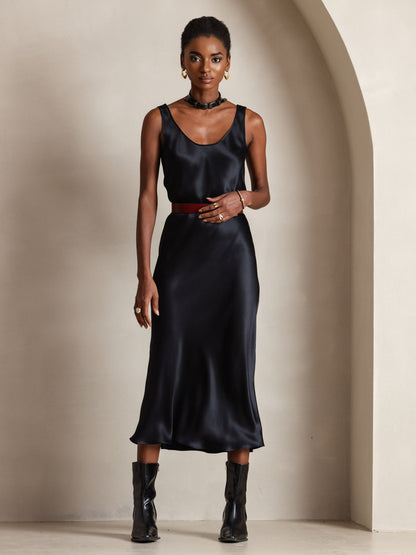 Rosstef 100% Mulberry Silk U Neck Midi Long Dress