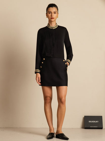 Rosstef 19Momme Stretch Silk Pleated Stand Collar Blouse