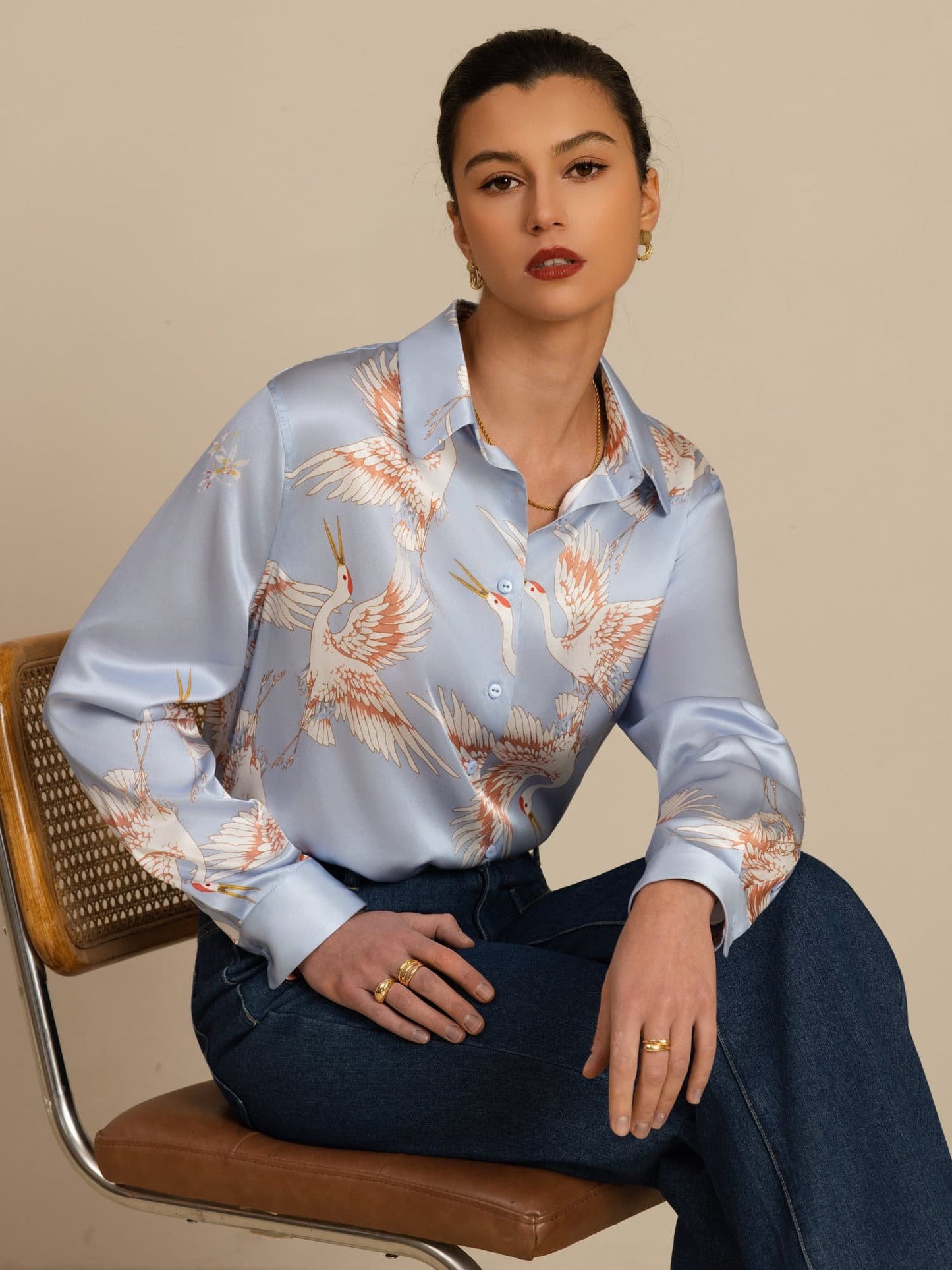 Rosstef 100% Mulberry Silk Long Sleeve Lapel Collar Women's Crane Print Button Blouse