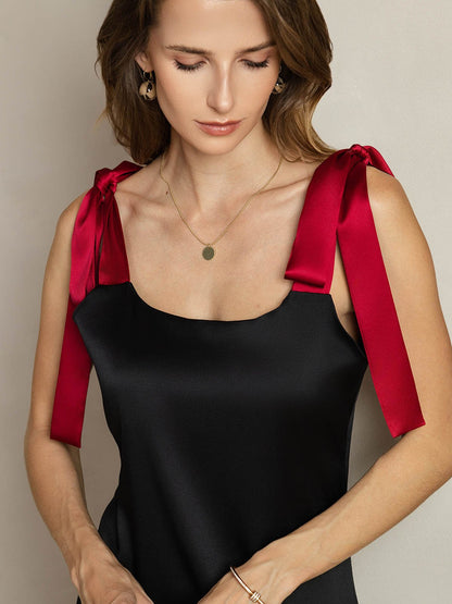 Rosstef 19Momme Silk Knee Dress with Adjustable Shoulder Ties