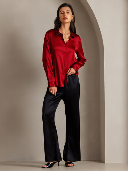 Rosstef 19Momme Silk Long Sleeve Lapel Collar Kadın Giyimi