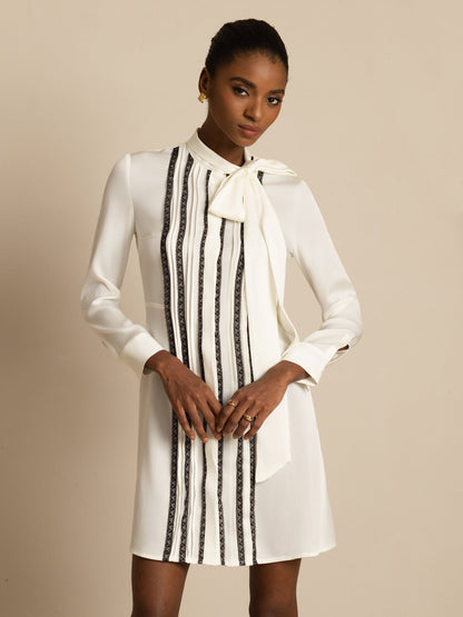 Rosstef 19Momme Stretch Silk Tie-Neck Short Shirt Dress