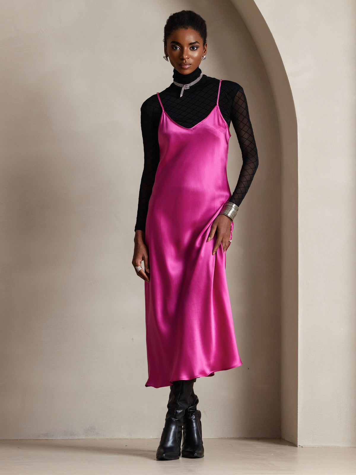Rosstef 100% Mulberry Silk Spaghetti Strap Midi Long Dress
