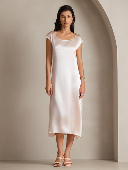 Rosstef 19Momme Silk Cap Sleeve Round Neck Midi Dress