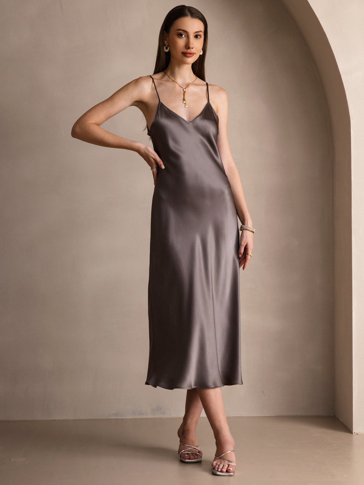 Rosstef 100% Mulberry Silk Spaghetti Strap V Neck Midi Dress