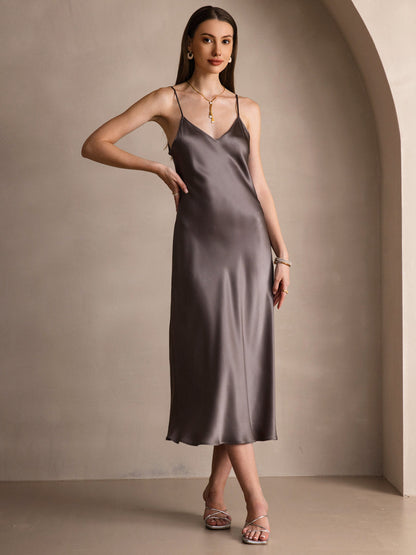Rosstef 100% Mulberry Silk Spaghetti Strap V Neck Midi Dress