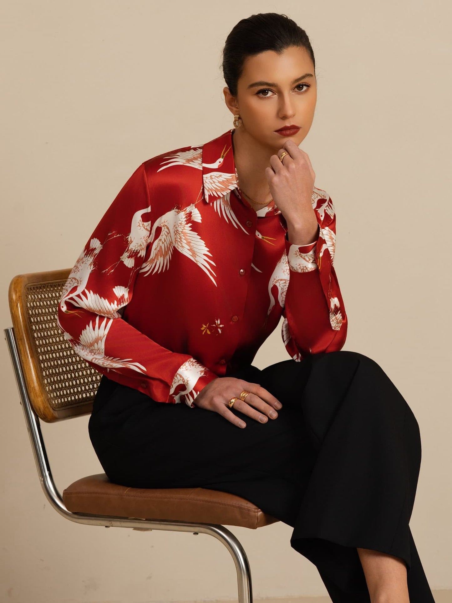 Rosstef 100% Mulberry Silk Long Sleeve Lapel Collar Women's Crane Print Button Blouse