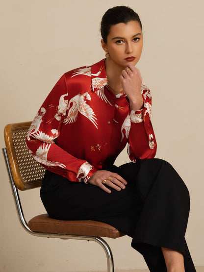 Rosstef 100% Mulberry Silk Long Sleeve Lapel Collar Women's Crane Print Button Blouse
