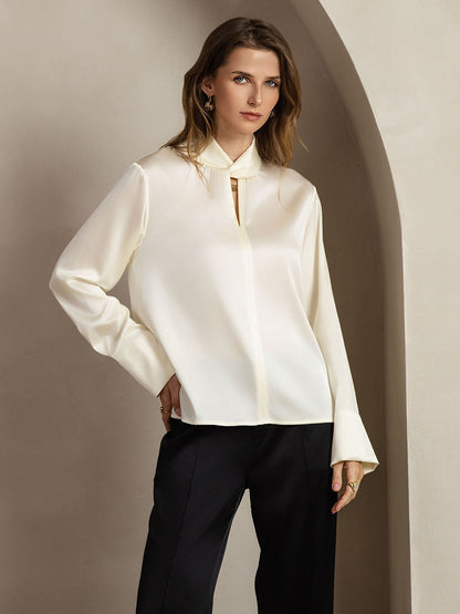 Rosstef 19Momme Silk Keyhole Neck Blouse with Pearl Buttons