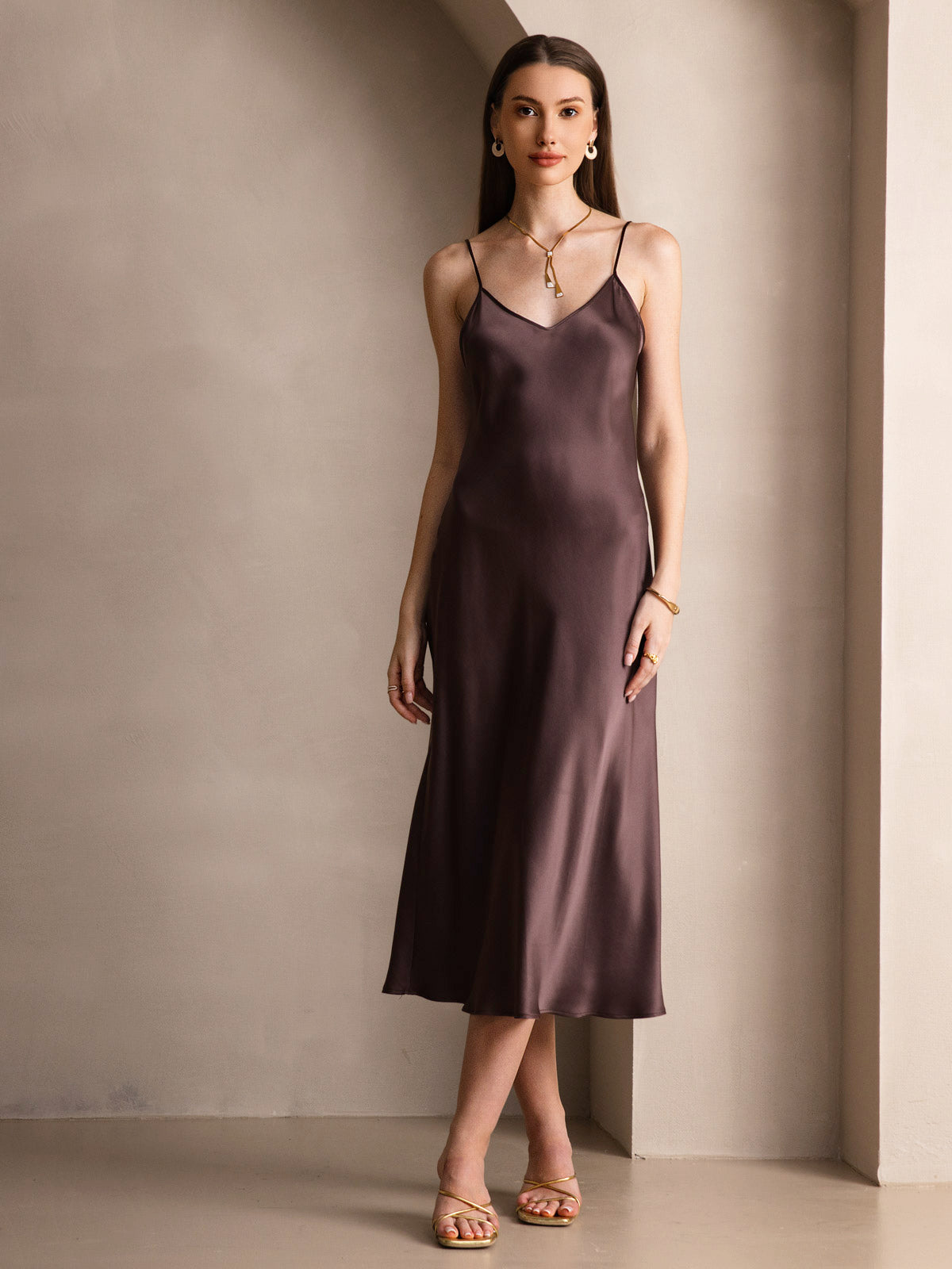 Rosstef 100% Mulberry Silk Spaghetti Strap Midi Long Dress