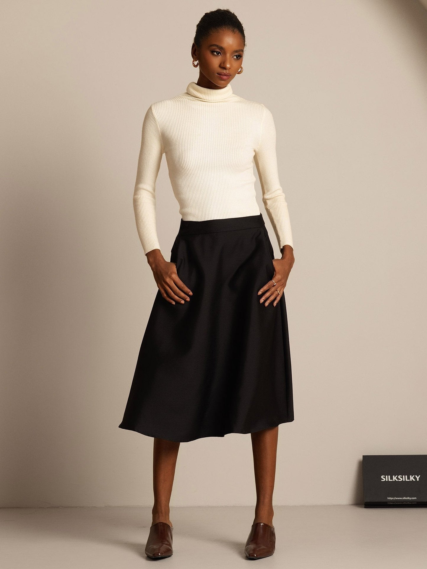Rosstef 32Momme Silk-Wool Blend A Line Midi Skirt with Zipper Design