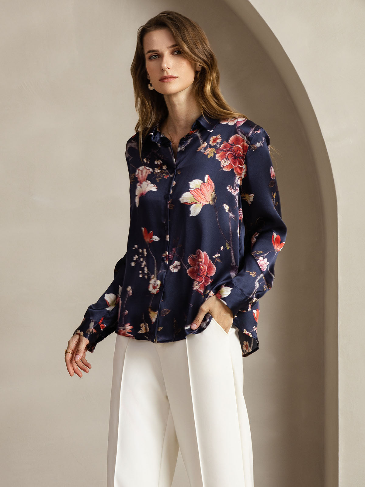 Rosstef 19Momme Silk Navy Floral Print Long Sleeve Bluz
