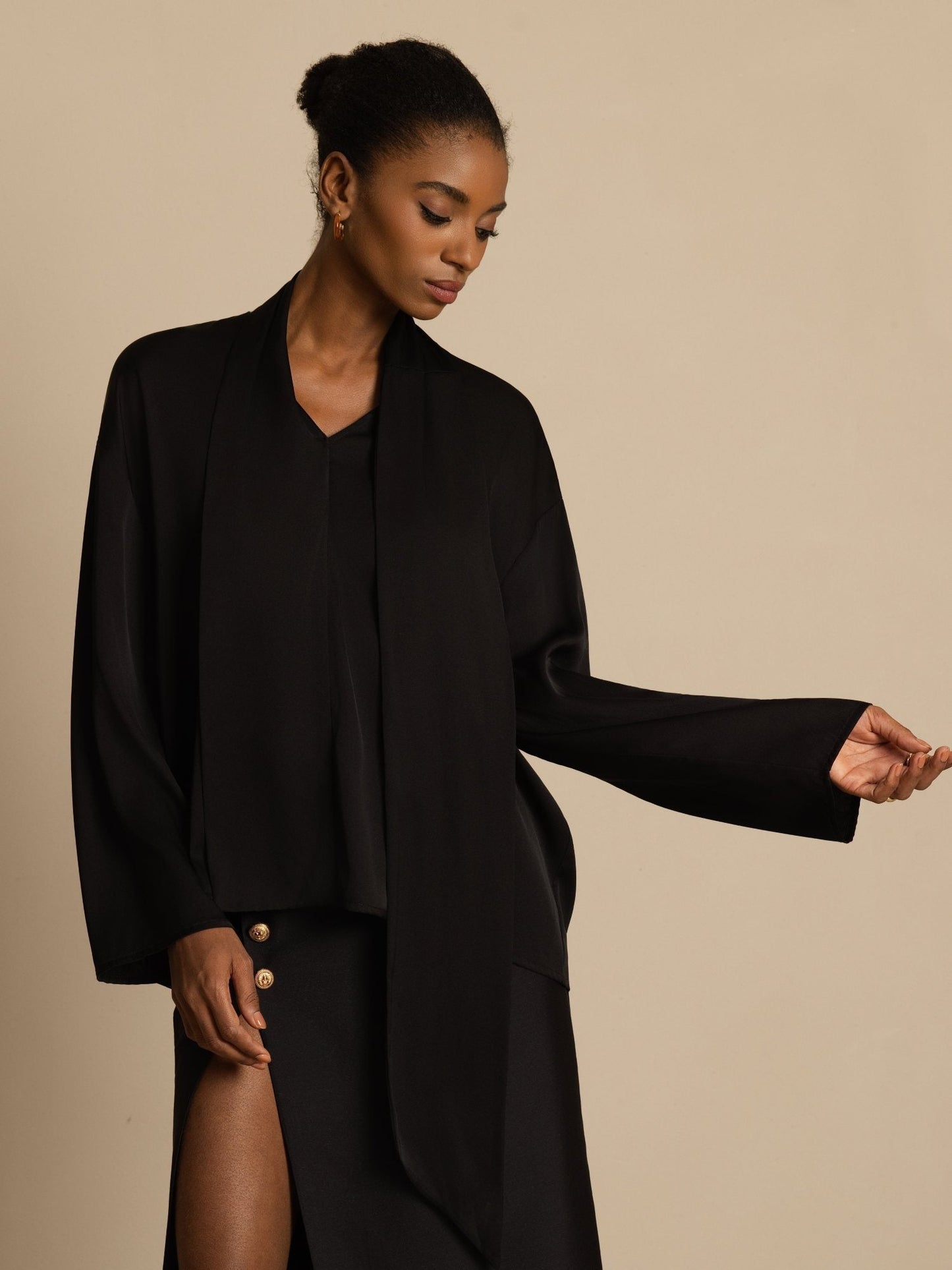 Rosstef 19Momme Stretch Silk Asimetrik V Çıkıntılı Bluz