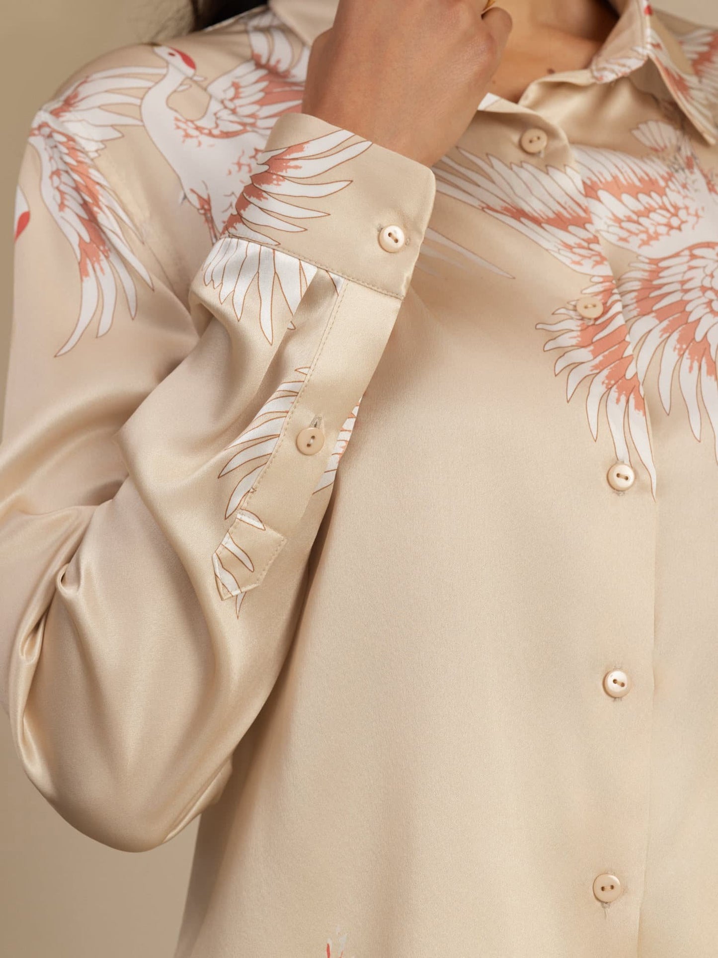 Rosstef 100% Mulberry Silk Long Sleeve Lapel Collar Women's Crane Print Button Blouse