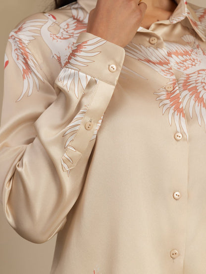 Rosstef 100% Mulberry Silk Long Sleeve Lapel Collar Women's Crane Print Button Blouse