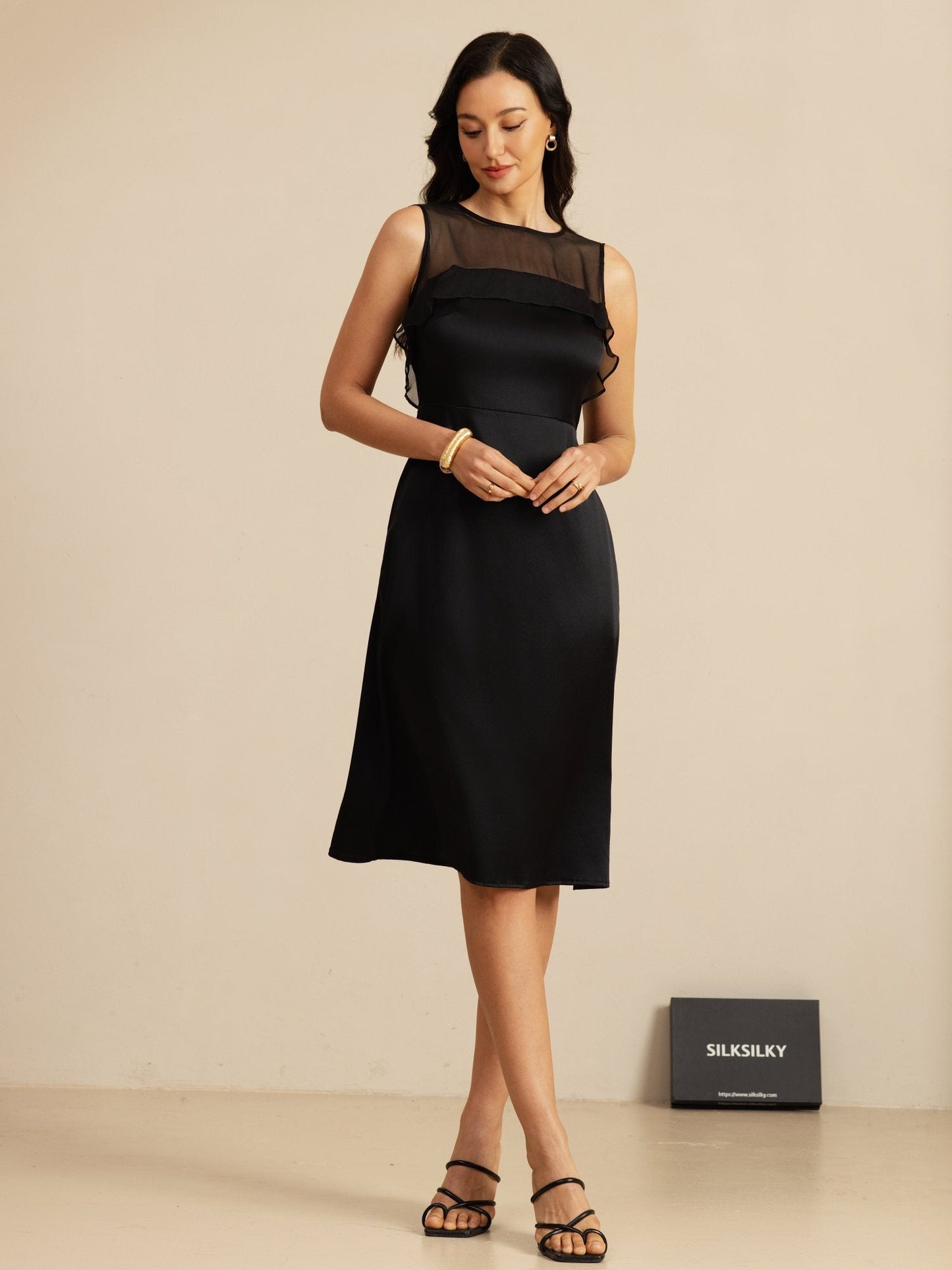 Rosstef 19Momme Pure Silk Illusion Neck Sleeveless Knee Length Giyin