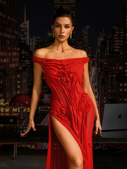 Cylora Off Shoulder Ruched Split Maxi Dress In Red