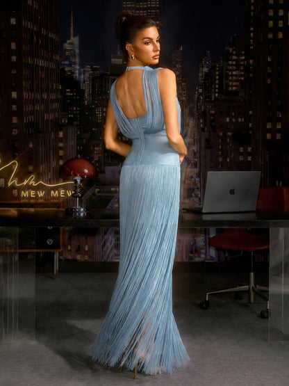 Zavelyn Fringe Bandage Maxi Dress In Blue