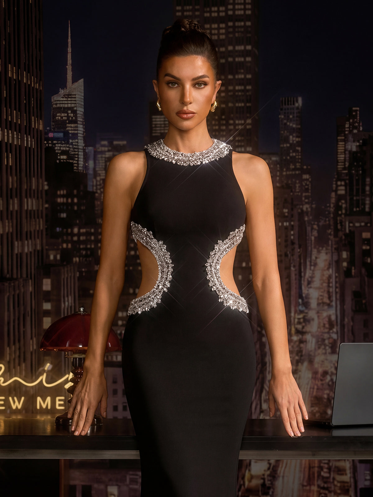 Lenticor Sleeveless Cutout Crystal Maxi Dress In Black