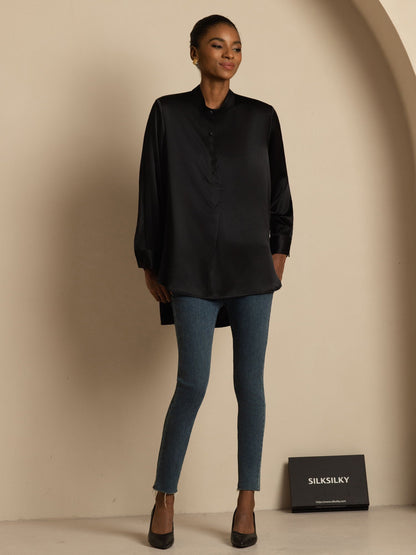 Rosstef 19Momme Silk Flex Stand Collar High-Low Bluse