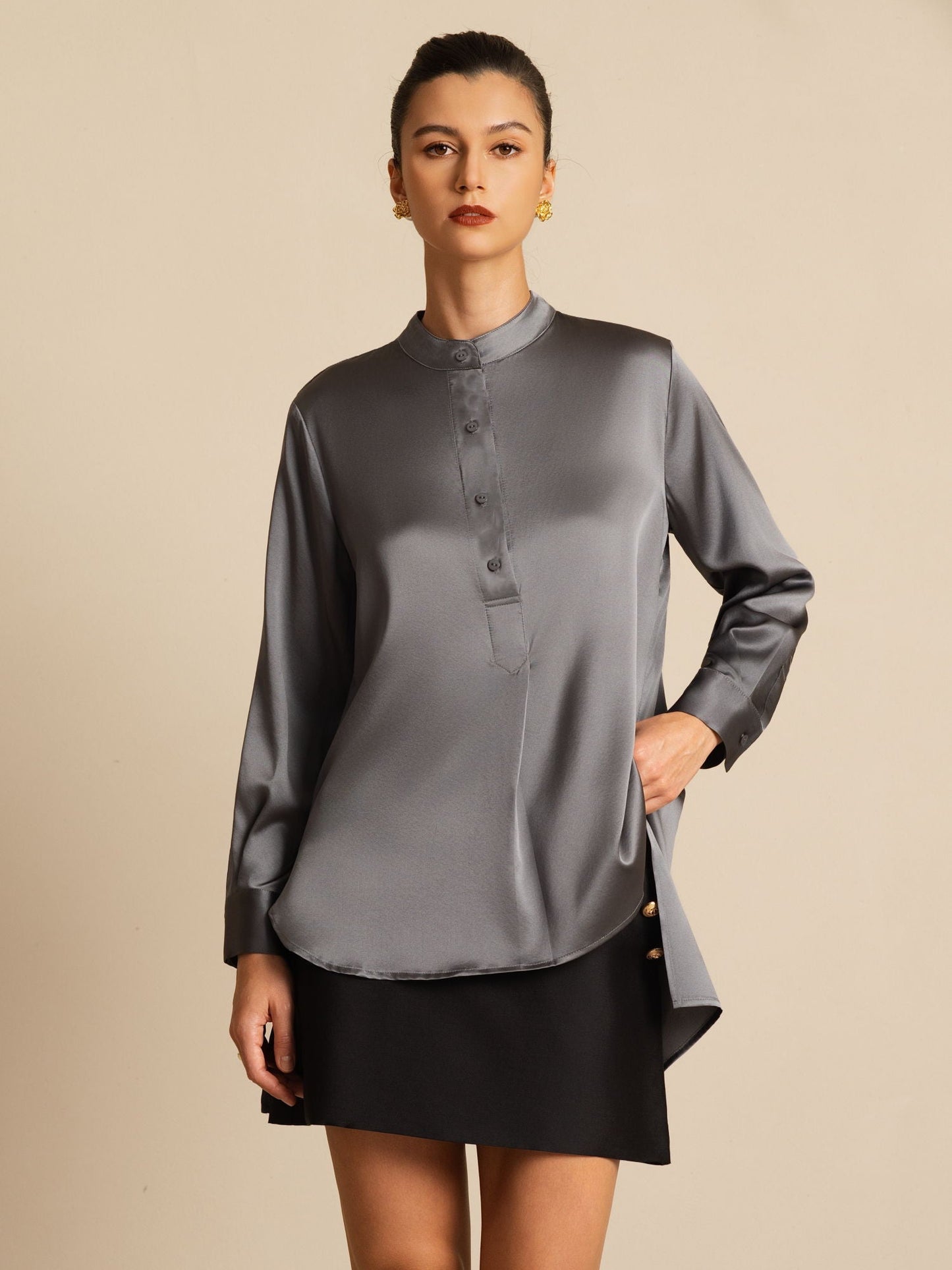 Rosstef 19Momme Silk Flex Stand Collar High-Low Bluse
