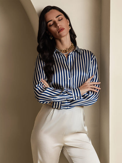 Rosstef 19Momme Silk Stripe Print Long Sleeve Lapel Collar Kadın Evi Giyimi