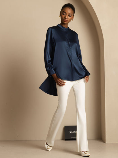 Rosstef 19Momme Silk Flex Stand Collar High-Low Bluse