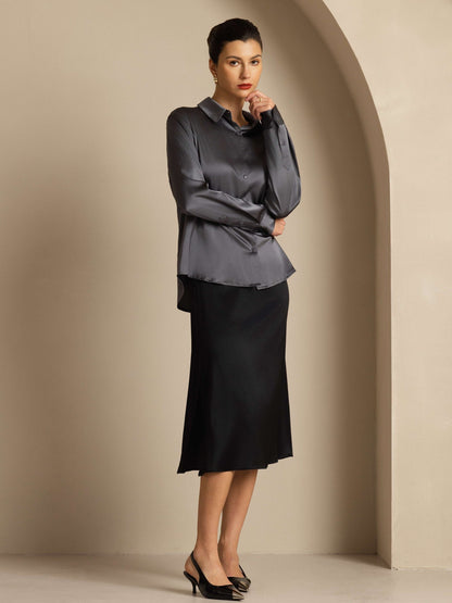 Rosstef 19Momme Sik Long Sleeve Lapel Collar Kadın Günüşü