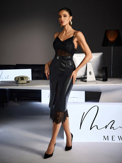Rosstef Spaghetti Lace Leather Midi Dress